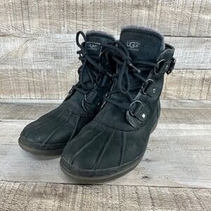UGG Womens Cecile Waterproof Duck Boot Black Leather Fleece‎ Lined Size 7